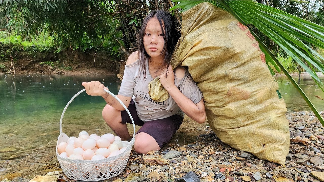 Homeless single mother collecting scrap luckily finds nest of duck eggs - Girl Survival Build