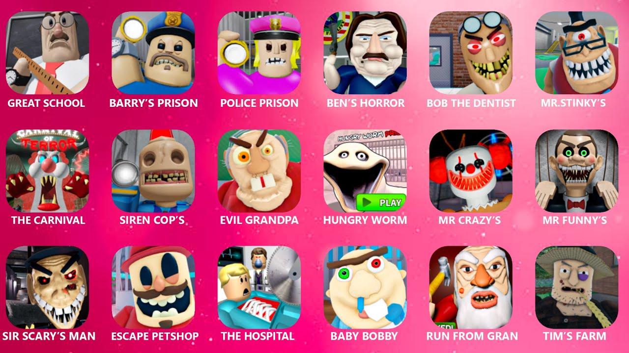 ROBLOX ESCAPE: BARRY'S PRISON ESCAPE,GREAT HAUNTED SCHOOL,TIM'S FARM ESCAPE,CARNIVAL OF NIGHTMARES
