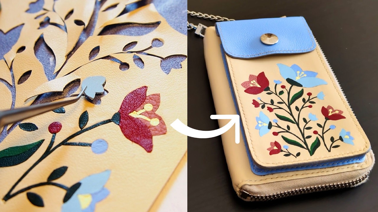 Making a wallet-purse with flower inlays | Leathercraft process
