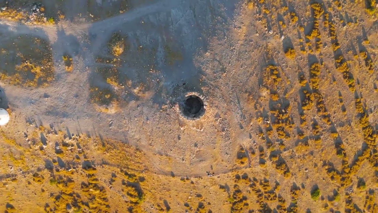 Bodrum, Turkey. Top down aerial drone view directly above ruins of Bodrum windmills showing circu...