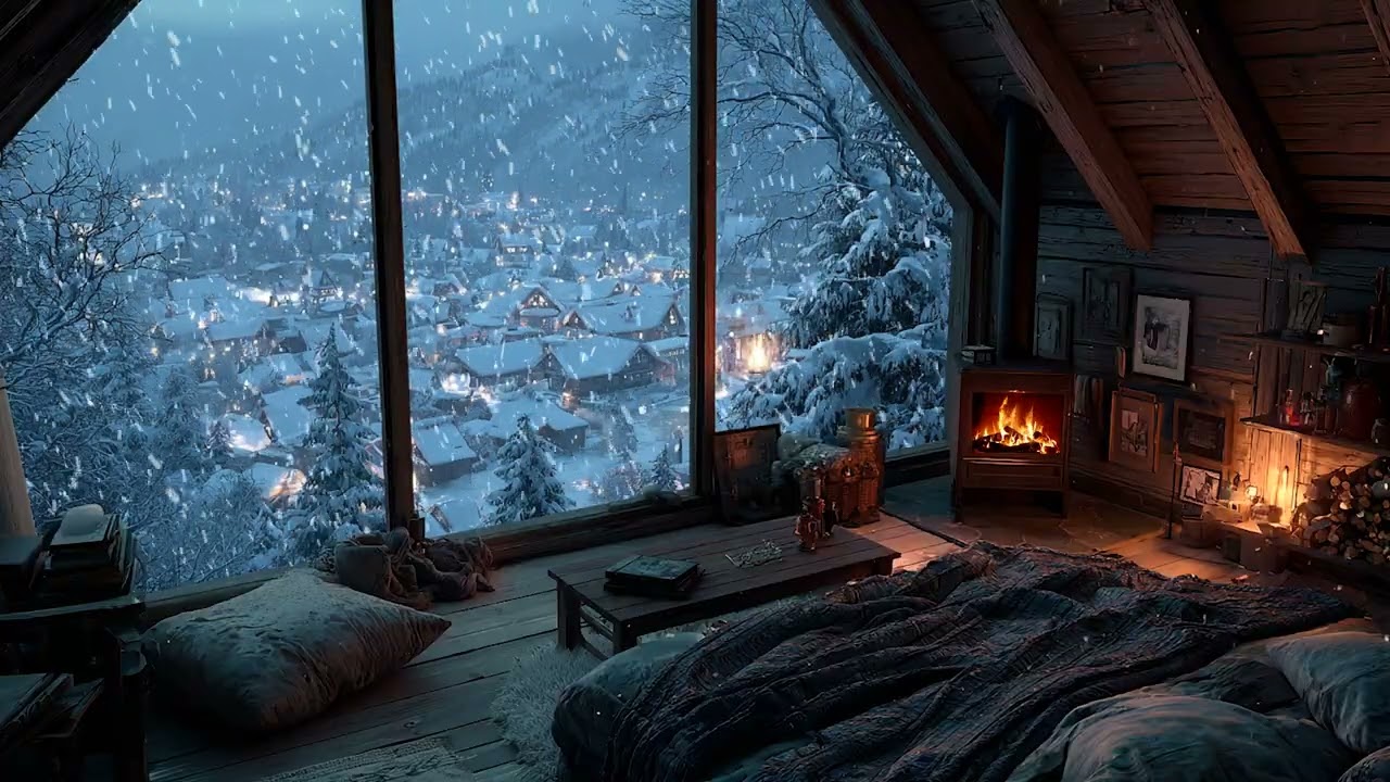 Soft Bed and Warm Light While a Gentle Snowstorm Moves Through the Night | Calm Valley Sleep Retreat