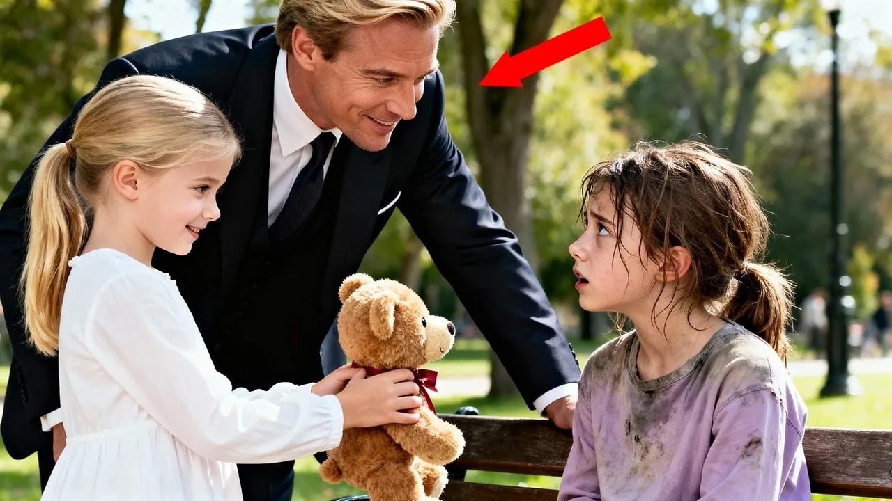 Mädchen will Teddybär einem traurigen Kind geben; die Wahl ihres Dads schockiert die ganze Welt