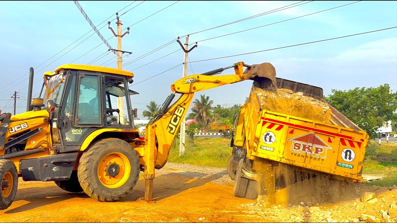 Jcb backhoe loader 3DX  Wed Mix in Truck and Jcb with Road Roller Levelling for Making New Road Work