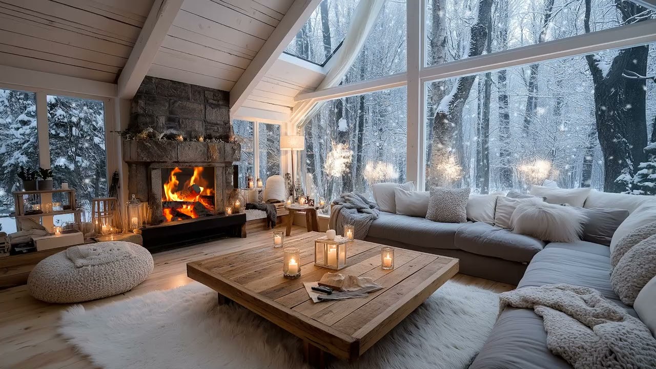 ❄️ Snow Falling Outside the Piano Room | Fireplace Warmth & Gentle Winter Ambience for Relax, Study