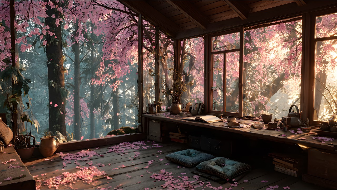 Cozy Spring Cabin Ambience 🌸 Falling Cherry Blossoms & Relaxing Piano Music for Deep Focus