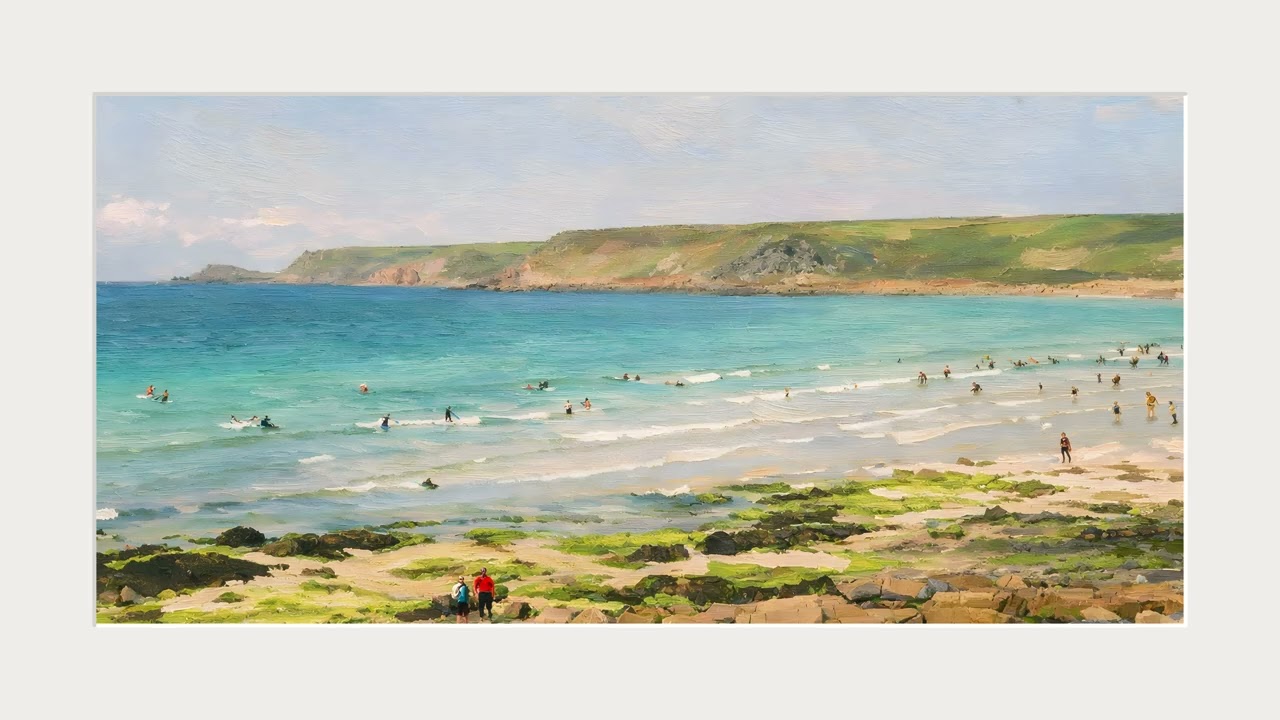 Cornish Surf Coast (White frame) | Calm 4K Oil Painting for Frame TV