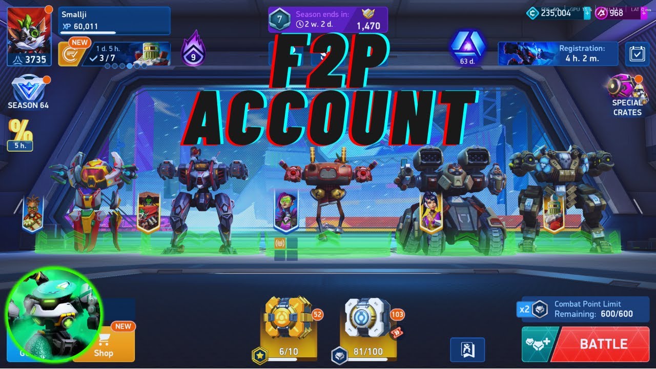 Smallji Grind Obtained a Leg Pilot and Mech  [ F2P Account ] - Mech Arena Live [English/Spanish]