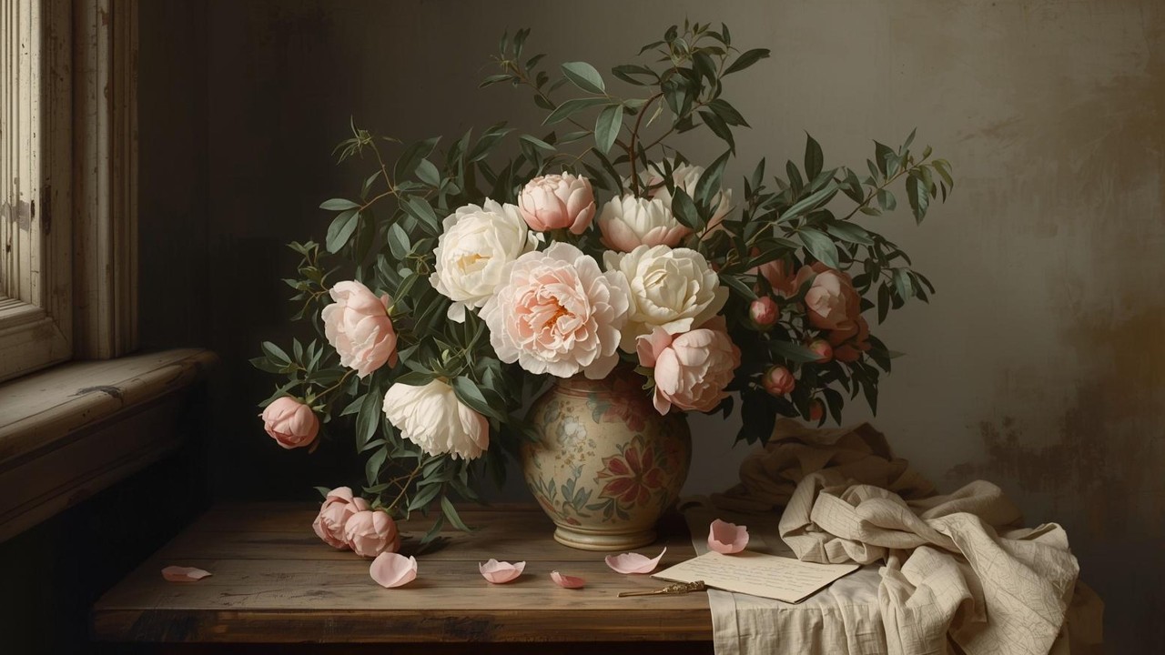 Romantic Blush Peony Arrangement Vintage Painting | Frame TV Art | 2-Hour Screensaver