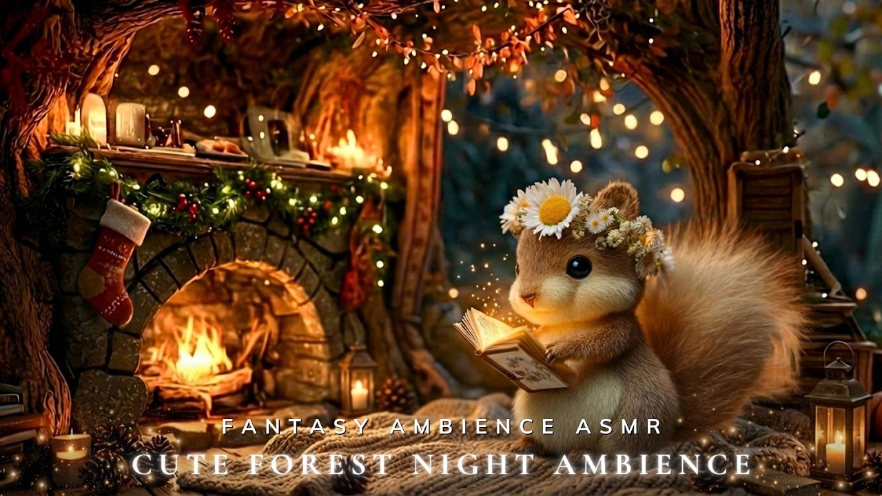 Cute Forest Night Ambience 🐿️ Soft Piano & Cozy Fireplace Sounds for Kids & Adults Sleep