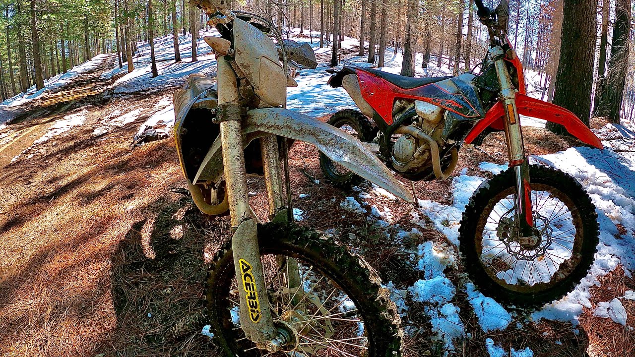 Husqvarna FE350 and KTM 350 exc-f playing in the snow at Penny Pines OHV!