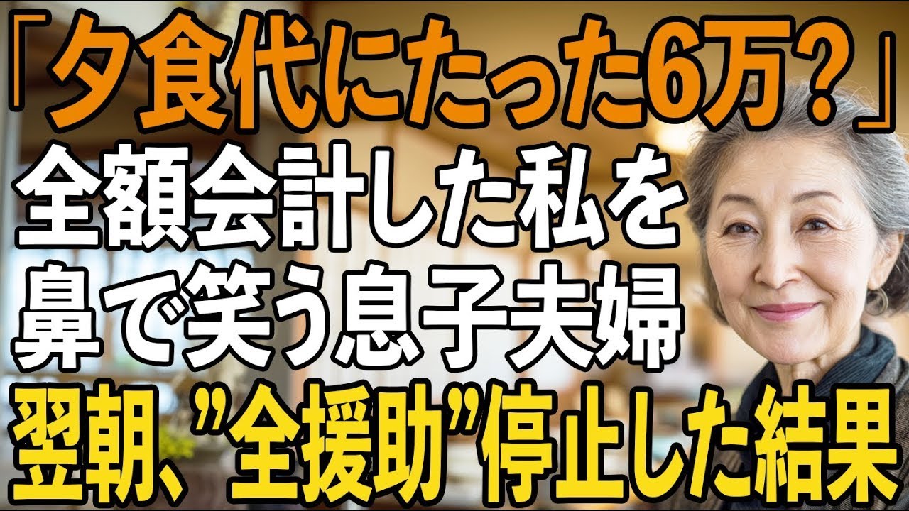 「夕食代にたった6万？」老舗料亭での食事会、家族全員の会計を支払った私に「親ヅラするな」と吐き捨てる息子夫婦。その夜、私は全援助を停止し→翌朝、家族は半狂乱に【シニアライフ】【60代以上の方へ】