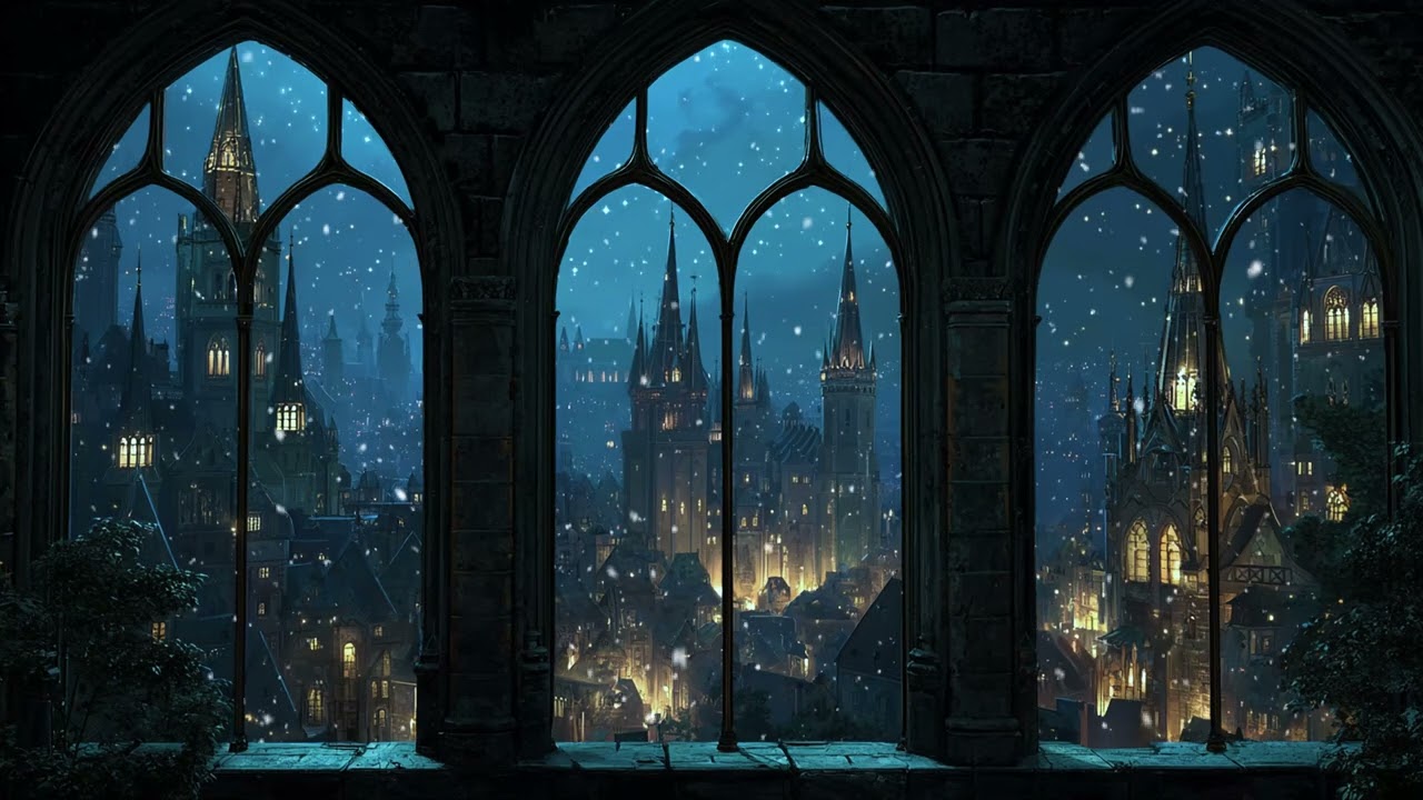 4K Wizard Castle Winter Window – Snowfall Ambience & Quiet Wind Sounds for Study Sessions