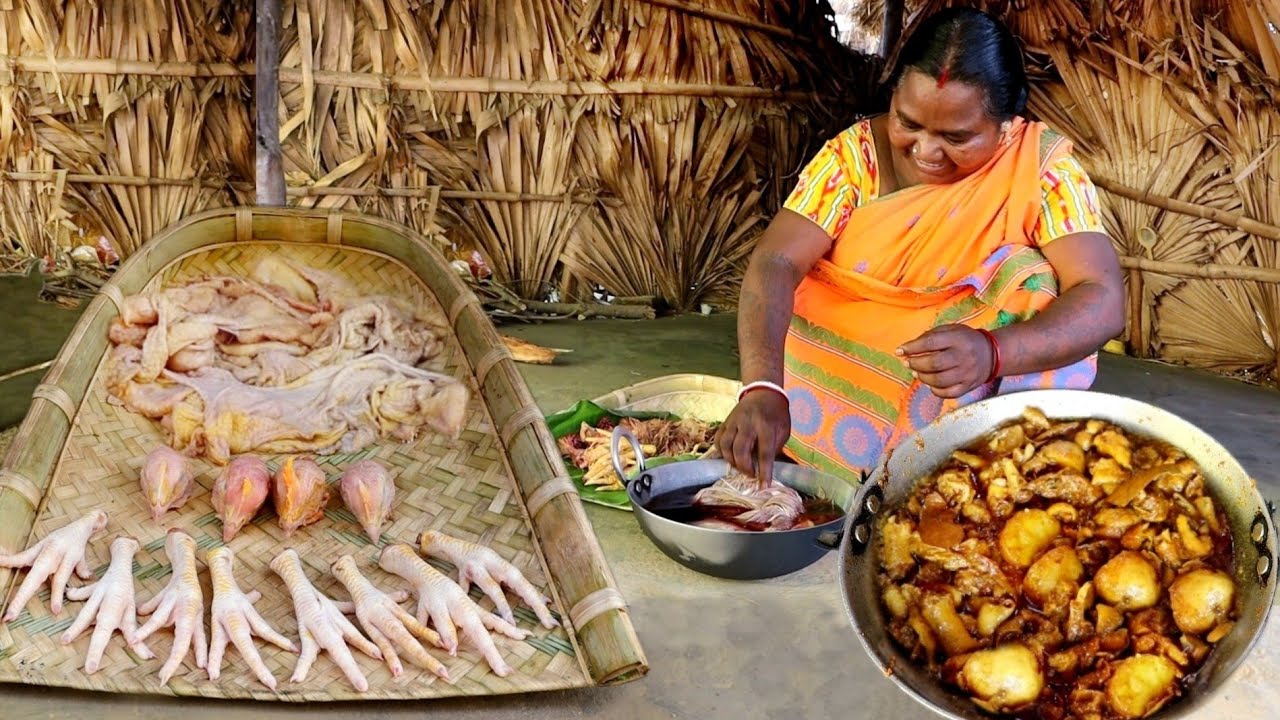 CHICKEN SPARE PARTS cooking and eating by village Santali community in india || rural india orissa