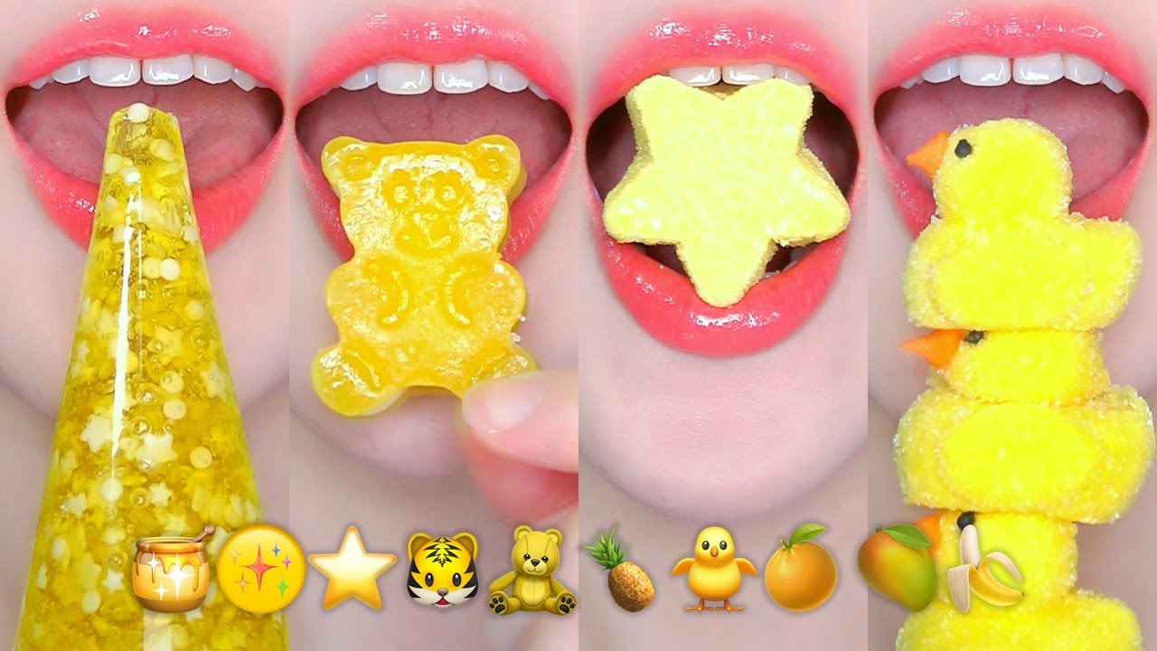ASMR YELLOW DESSERTS EMOJI FOOD 💛 노란색 디저트 이모지 먹방 HONEY JELLY, BOBA, KOHAKUTO EATING SOUNDS MUKBANG