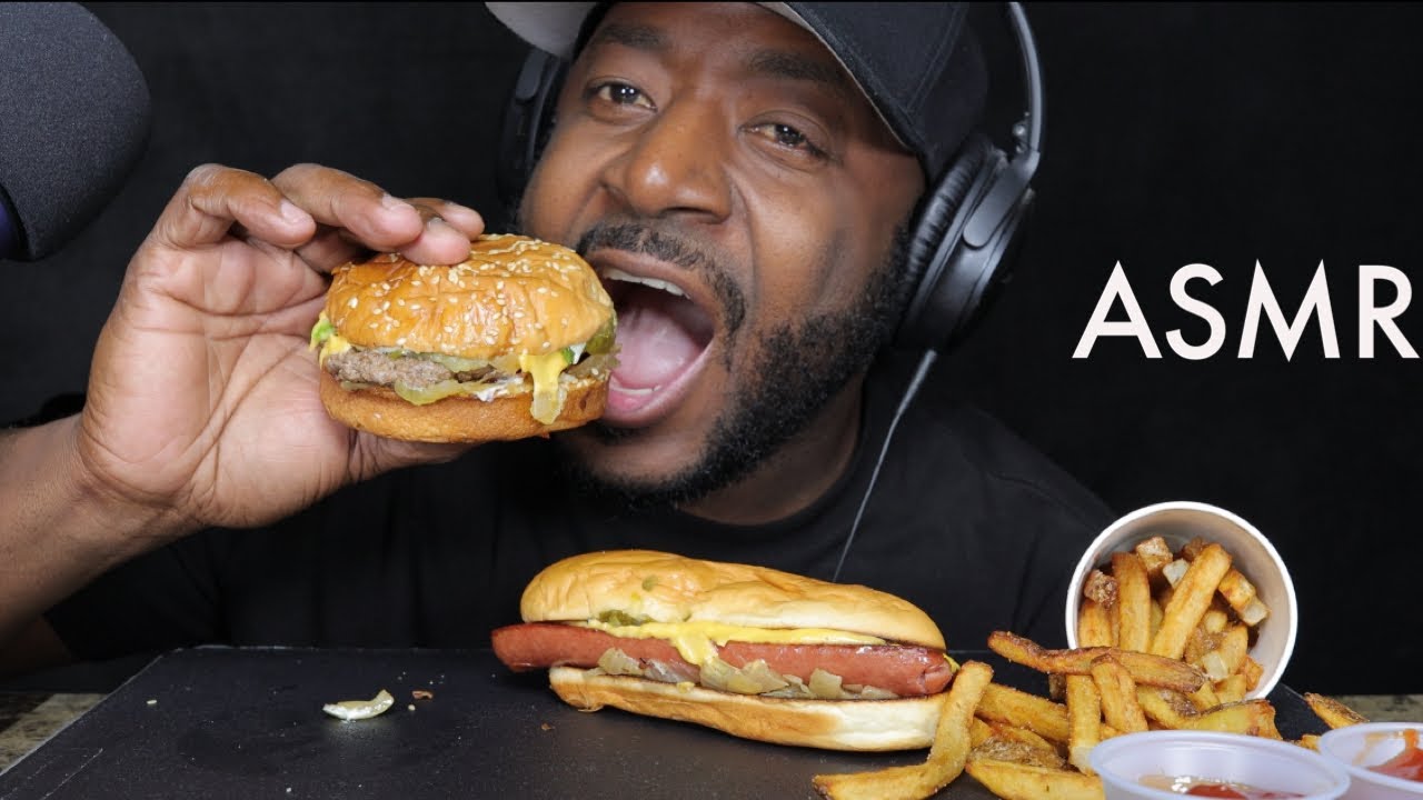 ASMR EATING FIVE GUYS BACON CHEESEBURGER, CHEESE DOG & CAJUN FRIES. MUKBANG (NO TALKING) TCASMR