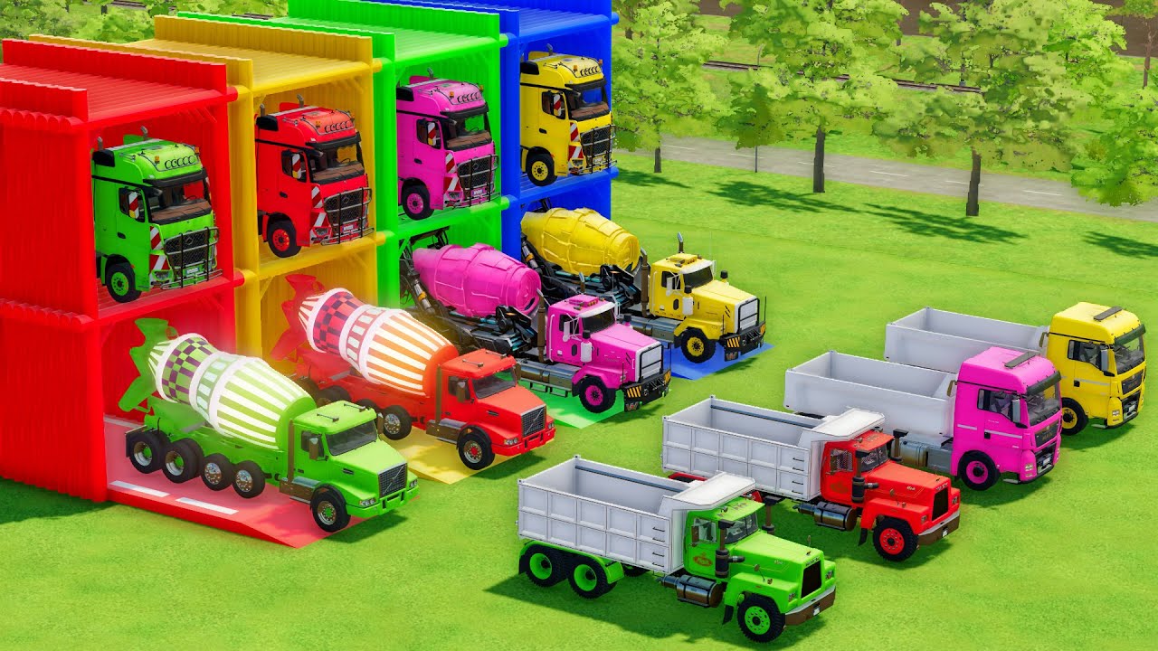 Garage with Colors - ALL MIXER TRUCK WITH DOUBLE FLATBED TRAILER TRUCK, VOLVO, WESTERN, MACK, MAN