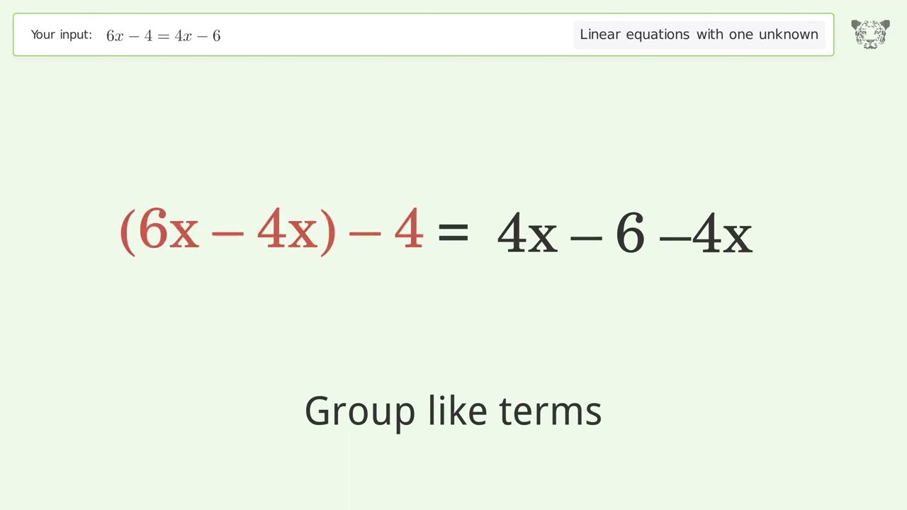 Linear equation with one unknown: Solve 6x-4=4x-6 step-by-step solution