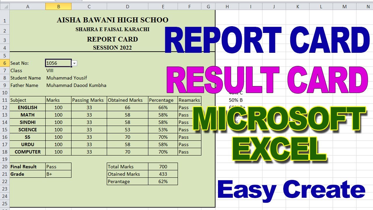 Create Report Card Result Card in MS Excel