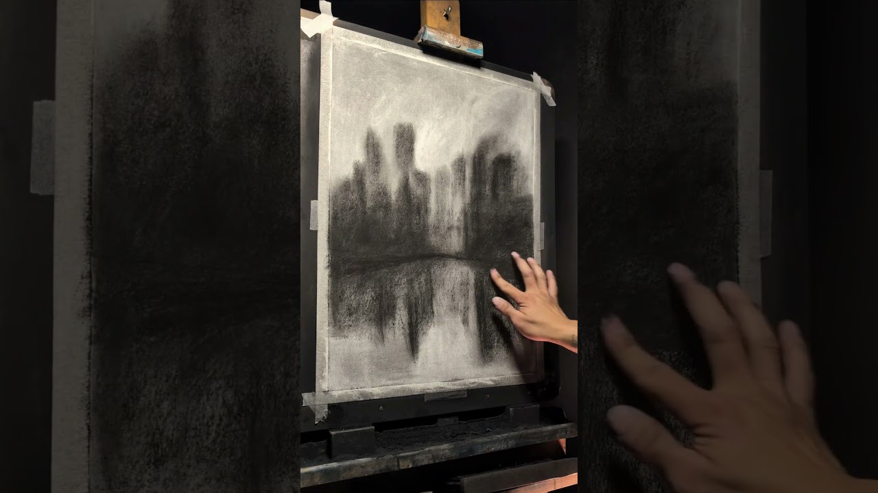 Relaxing Art Process: Drawing a Charcoal Cityscape (ASMR)
