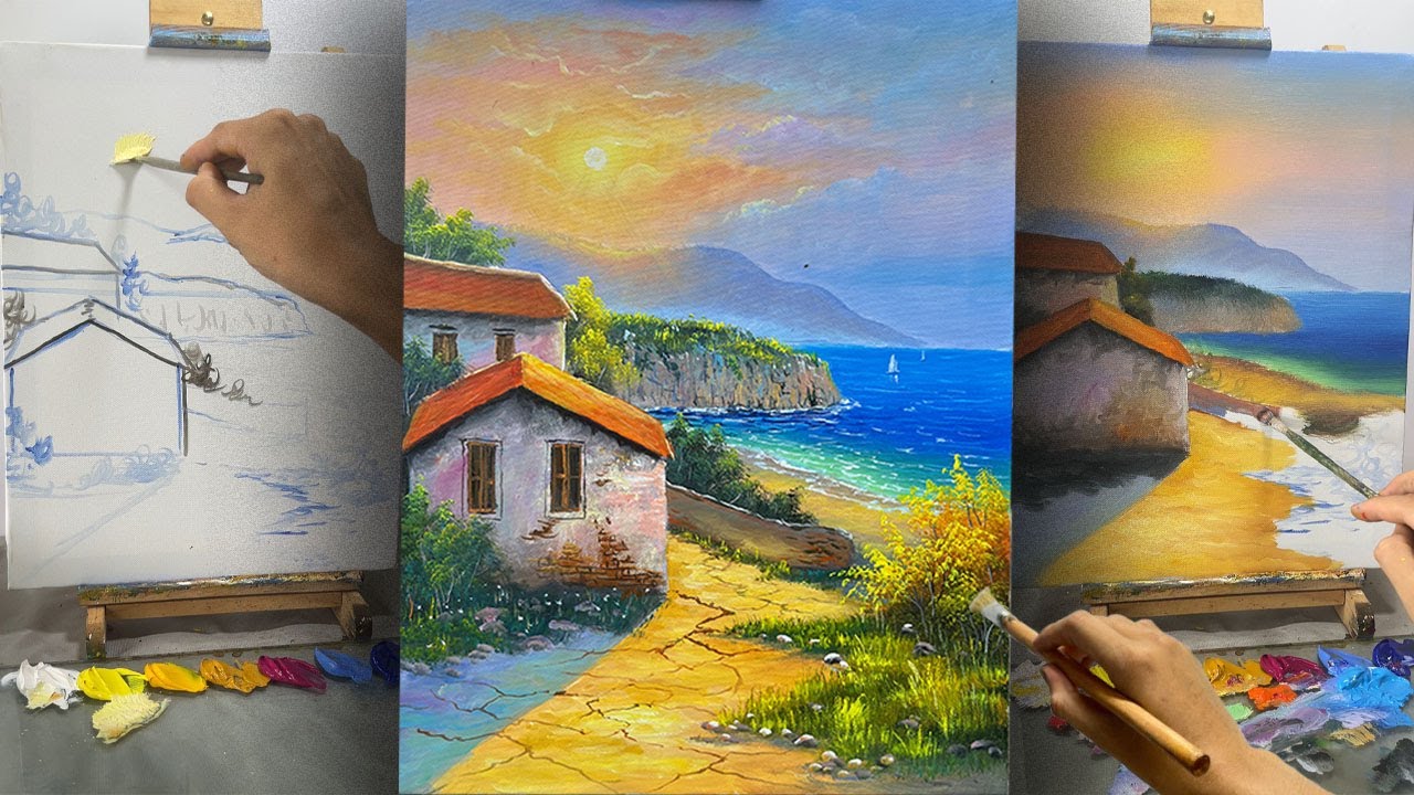 How to Paint a Beach House Scene | Easy Acrylic Landscape Tutorial