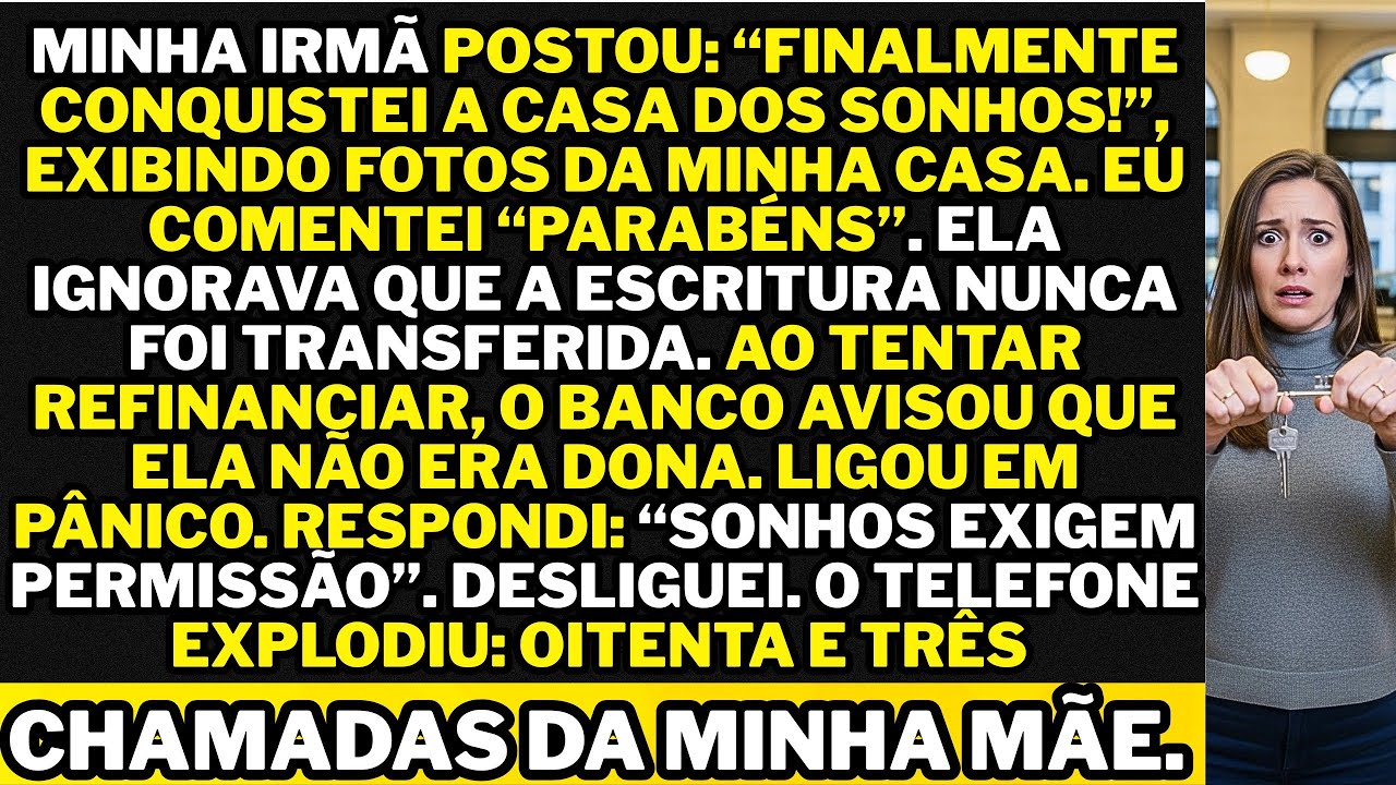 Minha irmã postou: “Comprei a casa dos sonhos!” exibindo fotos da minha casa. Eu respondi “Parabéns