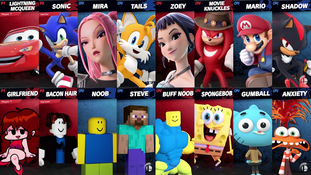 Sonic vs Mario vs Roblox vs Minecraft vs Car vs Fortnite vs SpongeBob vs Girlfriend | Super Smash