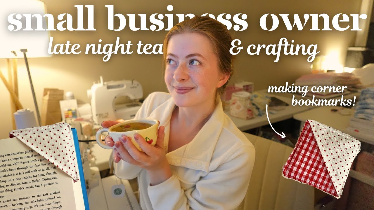 Cozy night tea & crafting🌙🧸🤎 // sewing new corner bookmarks for my small business!