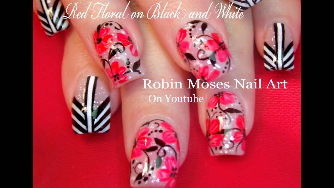 Red Flower Nails with Black and white Stripes | Chevron Nail Art Design tutorial