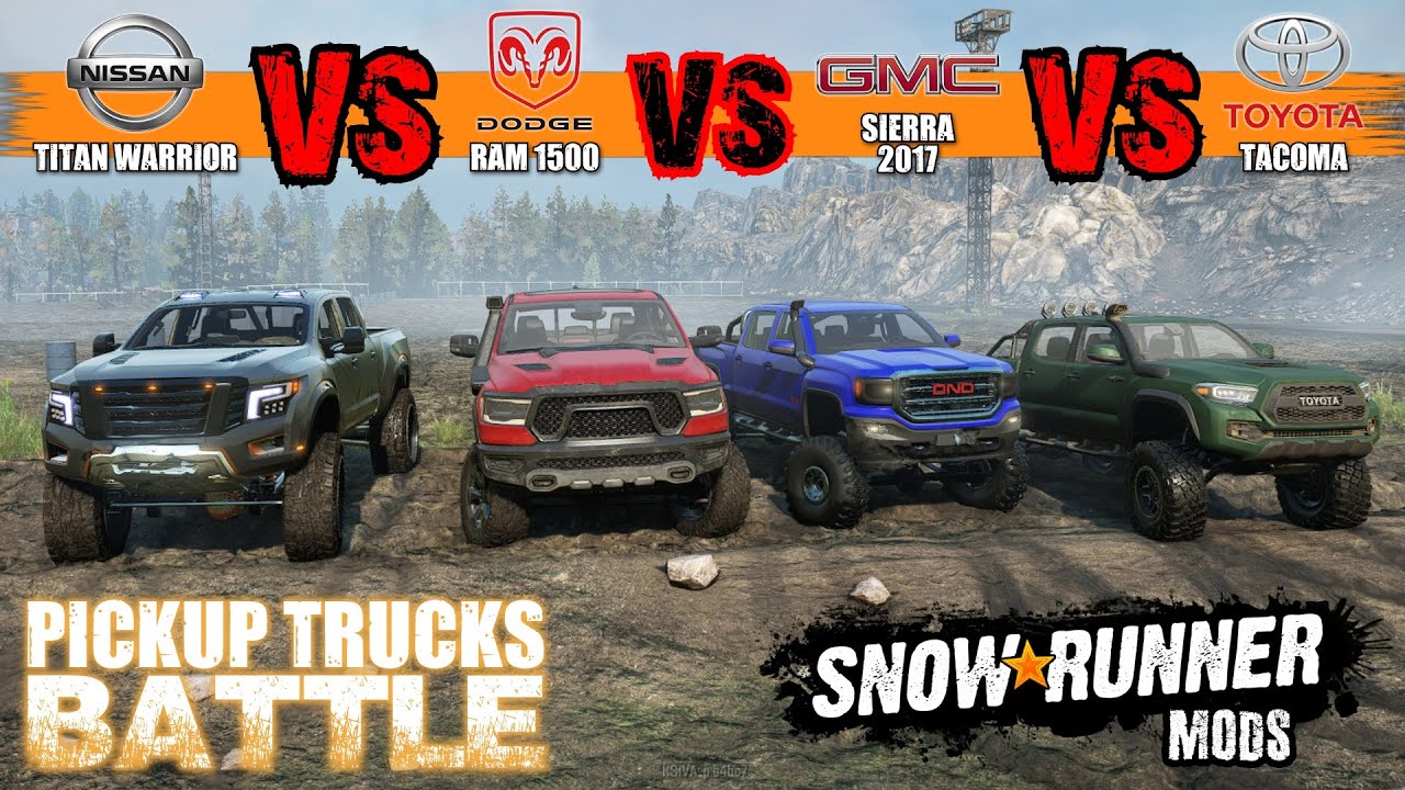 Pickup Trucks Battle | SnowRunner Mod vs Mod - Nissan Titan vs Dodge RAM vs Tacoma vs GMC