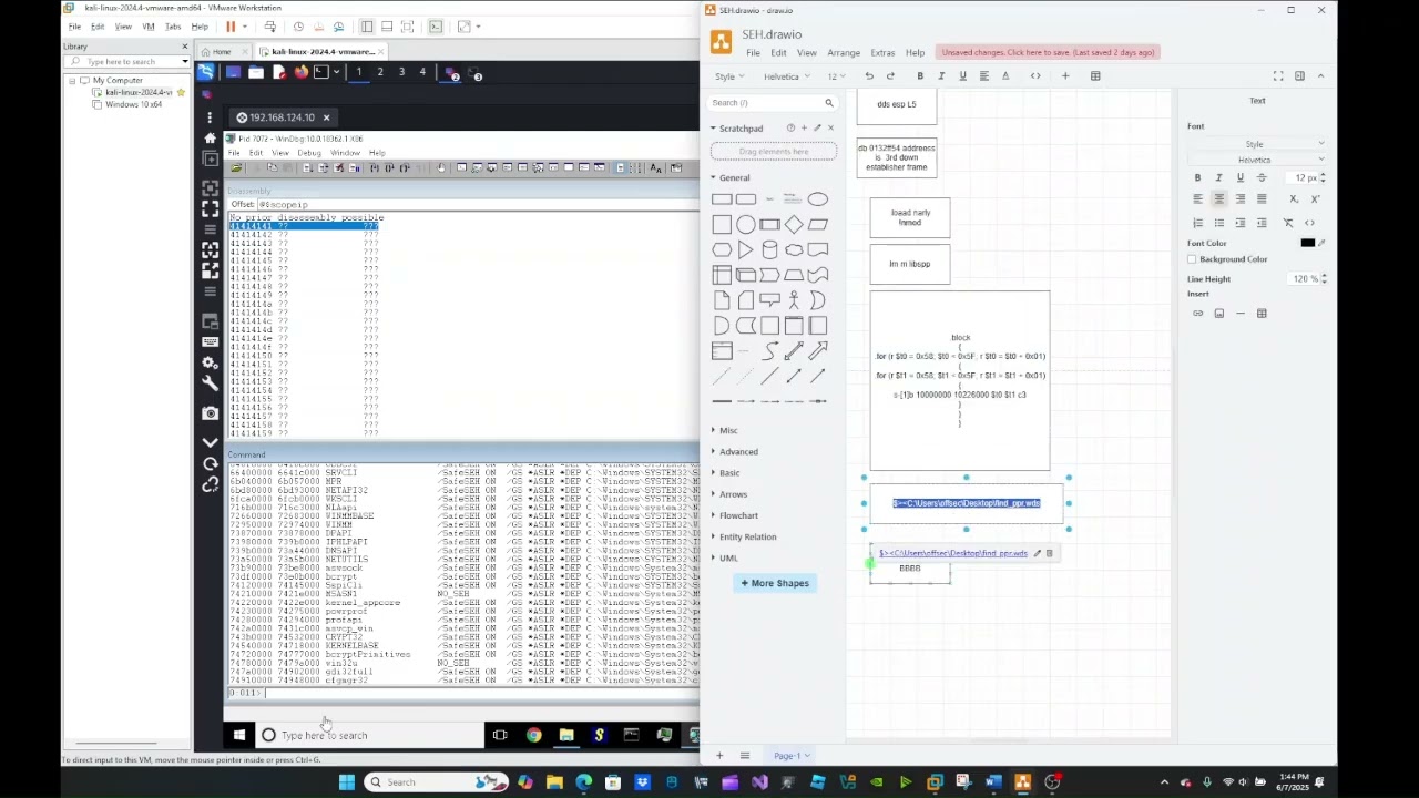 SEH overflow. Finding POP POP RET gadgets in windbg