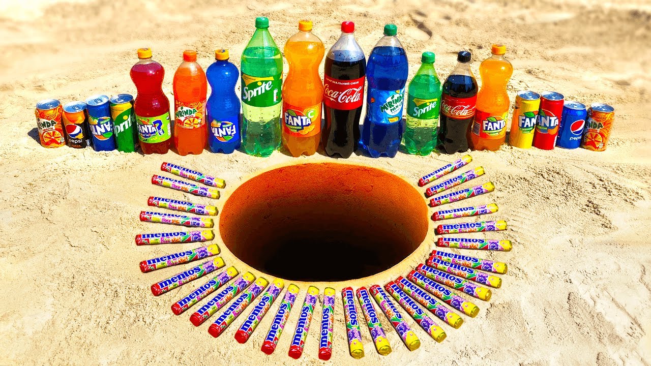 EXPERIMENT: Huge Yellow Foam Slowmo Eruption From Mentos and Coca Cola, Fanta, Pepsi, Sprite