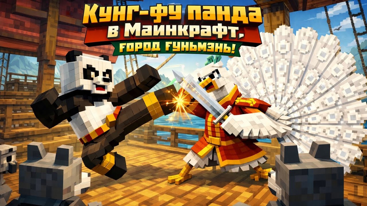 Кунг-фу панда в Майнкрафт, город Гуньмэнь, арест волков  и битва с...злобным павлином?🐼🎋🐲🐺🦚