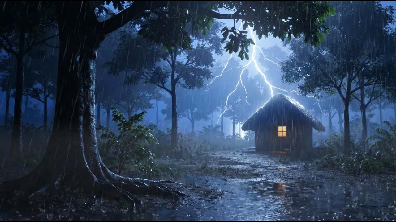 Cozy Cabin Thunderstorm at Night | Heavy Rain & Lightning for Deep Sleep