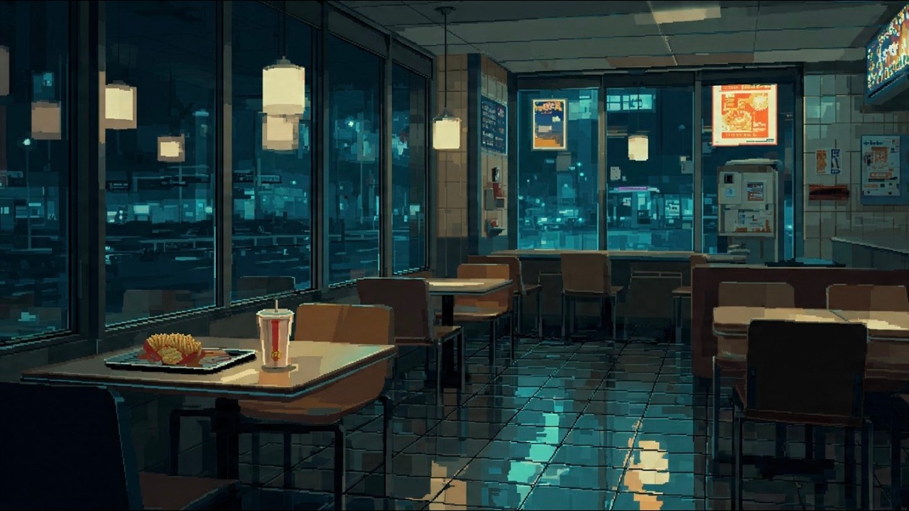 Quiet 24 Hour Restaurant at Night | Calm Night Ambience