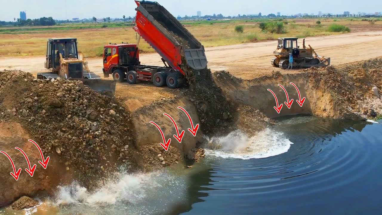 Be Perfectly First Lake Filling By Skill Komatsu D58 Dozer Pushing Stone And DumpTruck Dumping Stone