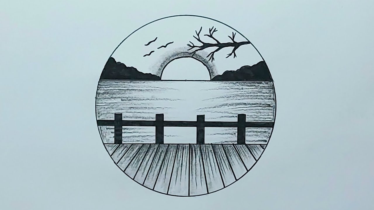 Easy circle scenery drawing with pencil colour (step by step) | Pencil Sketch drawing tutorial
