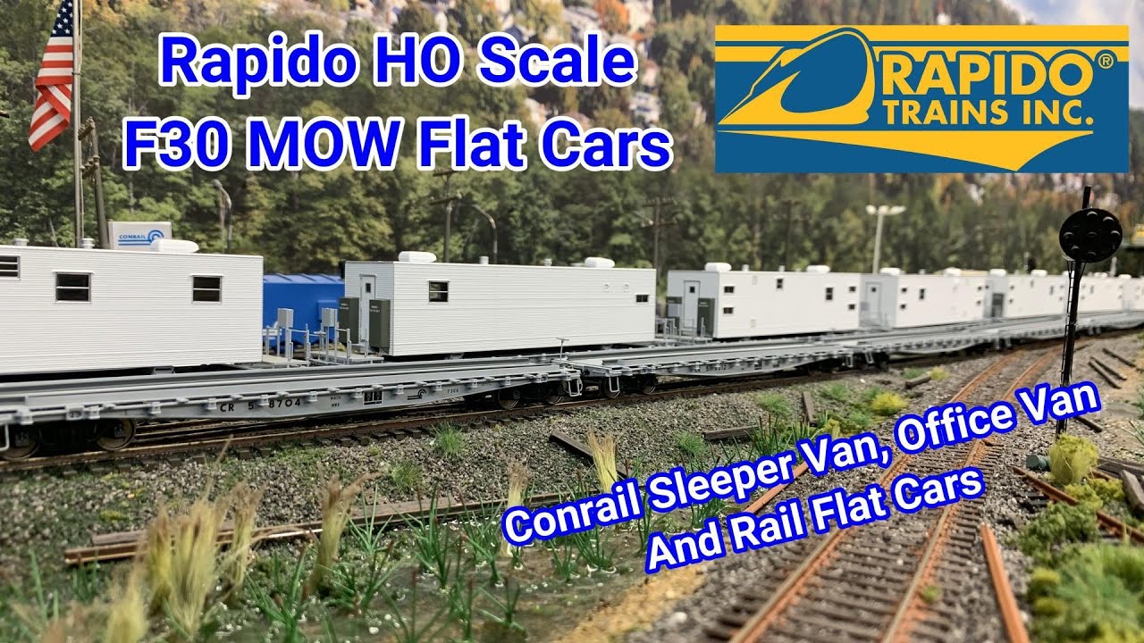 Rapido HO Scale F30 MOW Flat Cars - Conrail Sleeper Vans, Flat Cars With Deck Rails