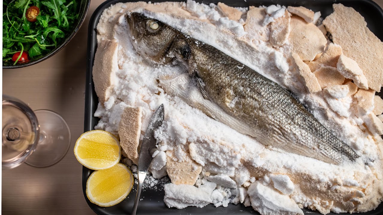 3KG OF SALT TO COOK THIS FISH. Salt crusted bass spearfishing catch & cook