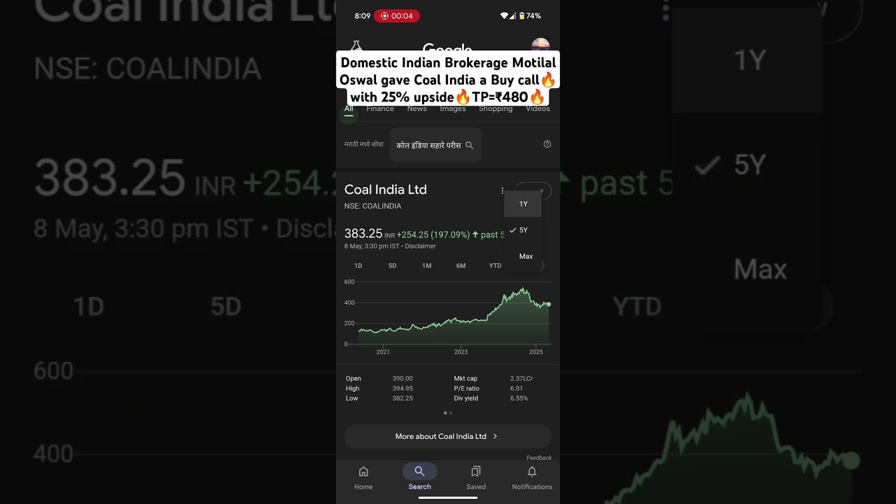 Brokerage Motilal Oswal gave Coal India a Buy call🔥with 25% upside🔥TP=₹480🔥#nifty #nifty50 #nse #bse