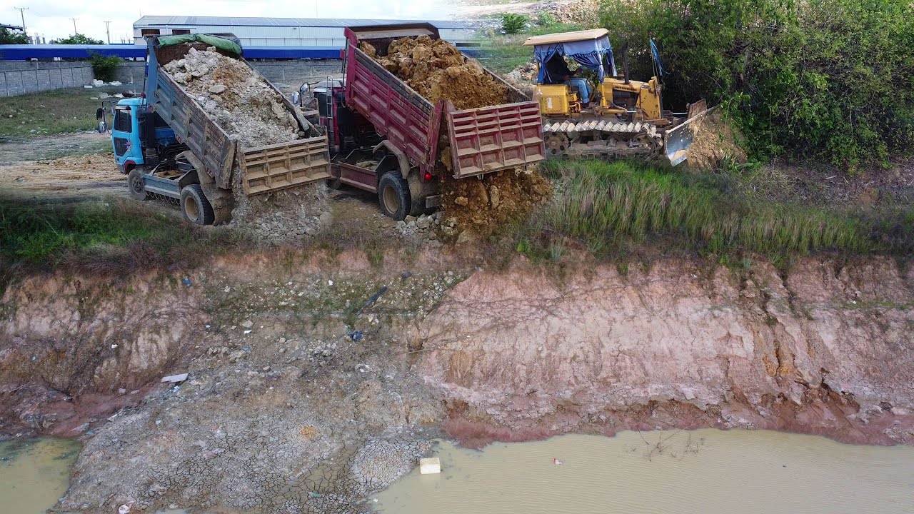 Wonderful New Project!! Start Landfill Delete Flooded Pond By Strong Dozer Pushing Soil & 5ton Truck