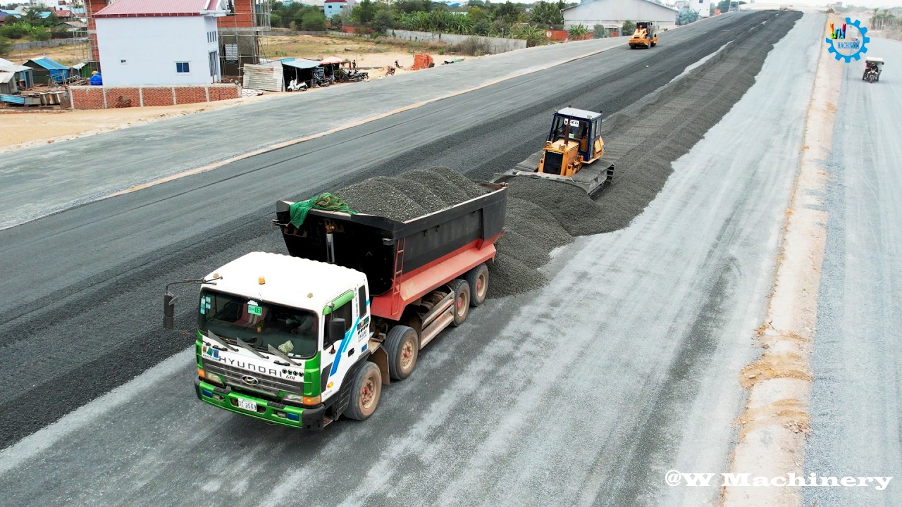 Best Action Bulldozer Komatsu Spreading Gravel & Dump Truck Dumping Gravel Making New Roads Operator