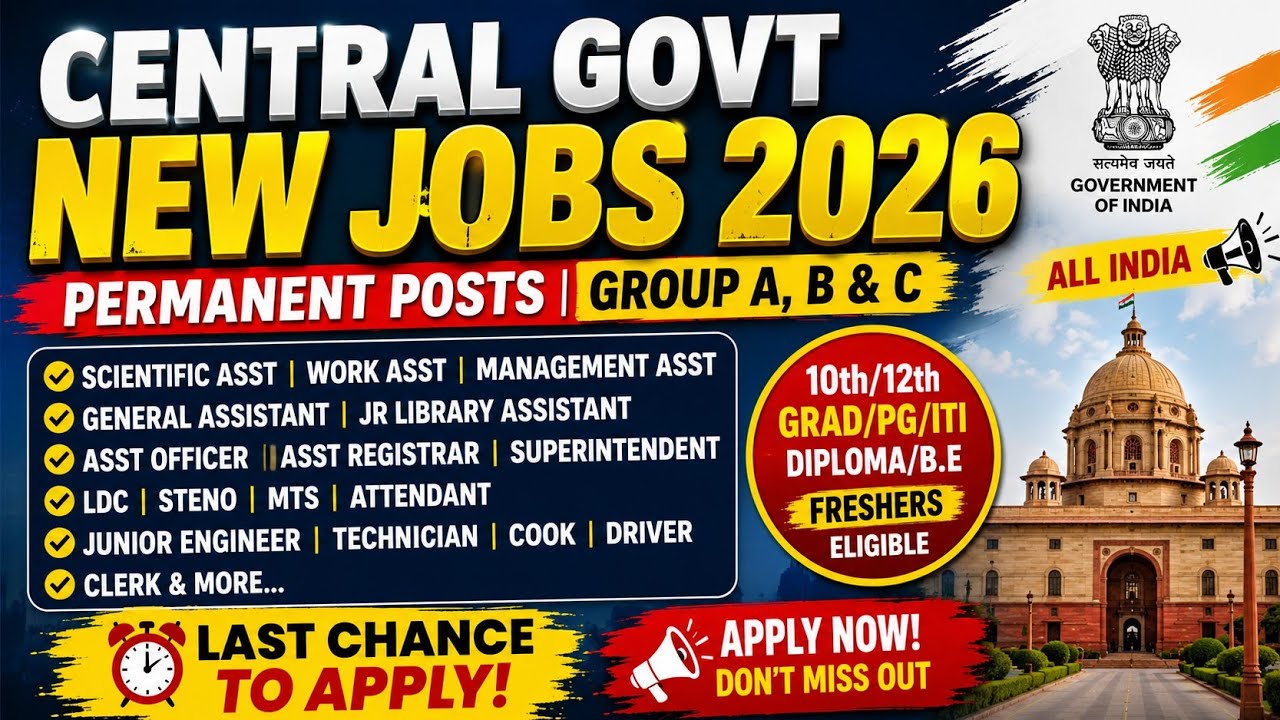🚨Central Govt Jobs 2026 👉20,000+ Posts 🔥 10th/12th/Grad/PG/ITI/Diploma /B.Tech Freshers 💯All India