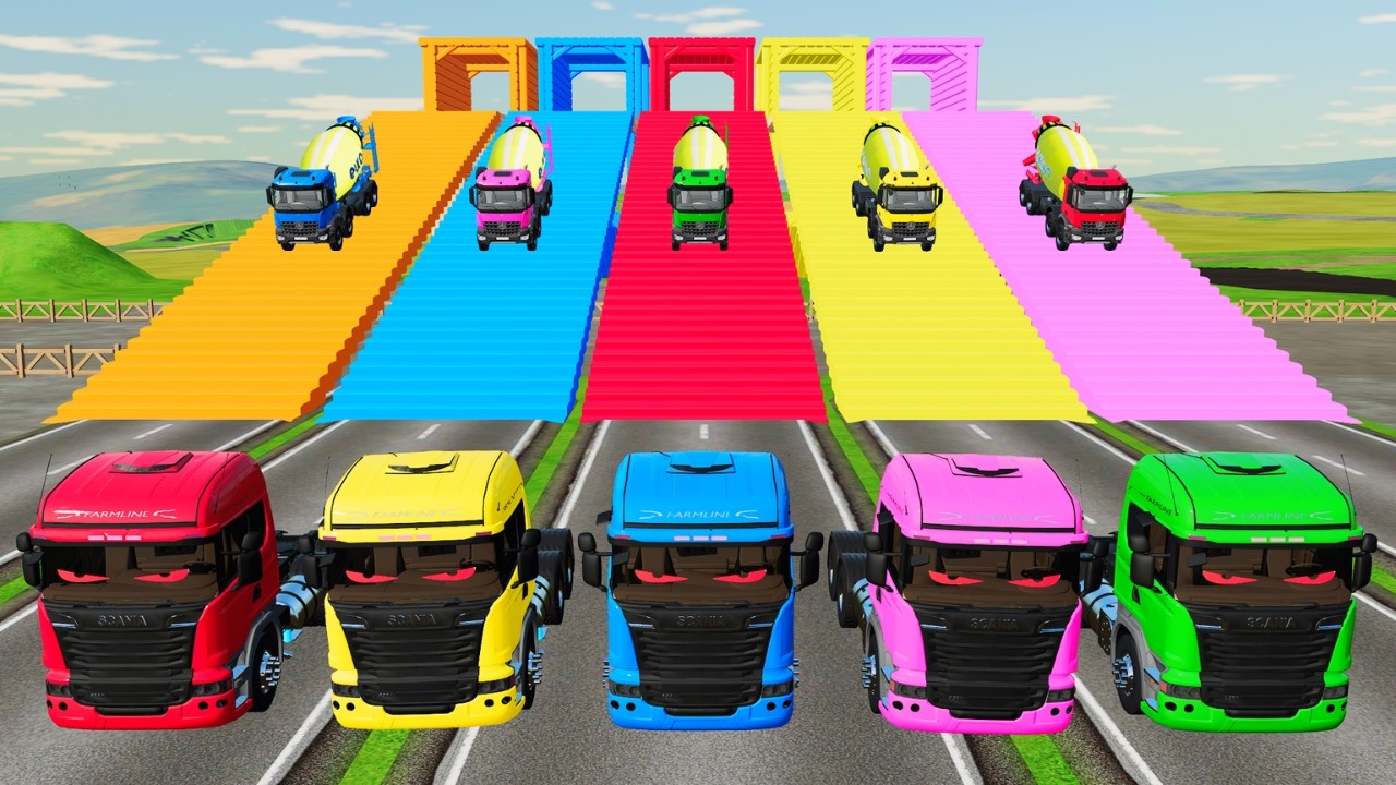 Transporting Colorful Mixer Trucks & Double Flatbed Trailers on Dangerous Terrain FS22 #85