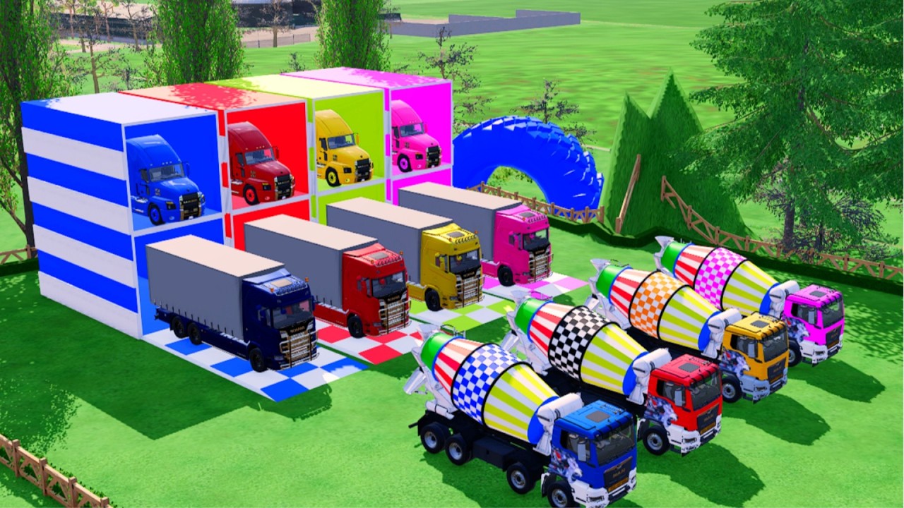 TRANSPORTING ALL COLORFUL MIXER TRUCKS,SCANIA BOX TRUCKS, WITH MACK TRUCKS TO THE GARAGE