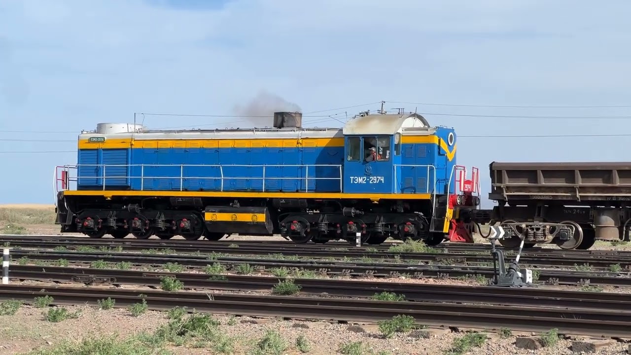 Diesel locomotive TEM2-2974 conducts shunting at the Rybachye railway station.