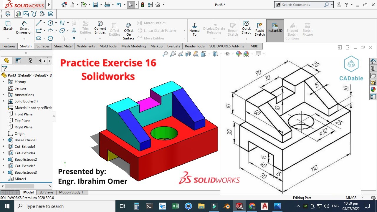 Solidworks Exercise 16 | Verify Part Using Evaluate | Apply Color in Solidworks | CADable