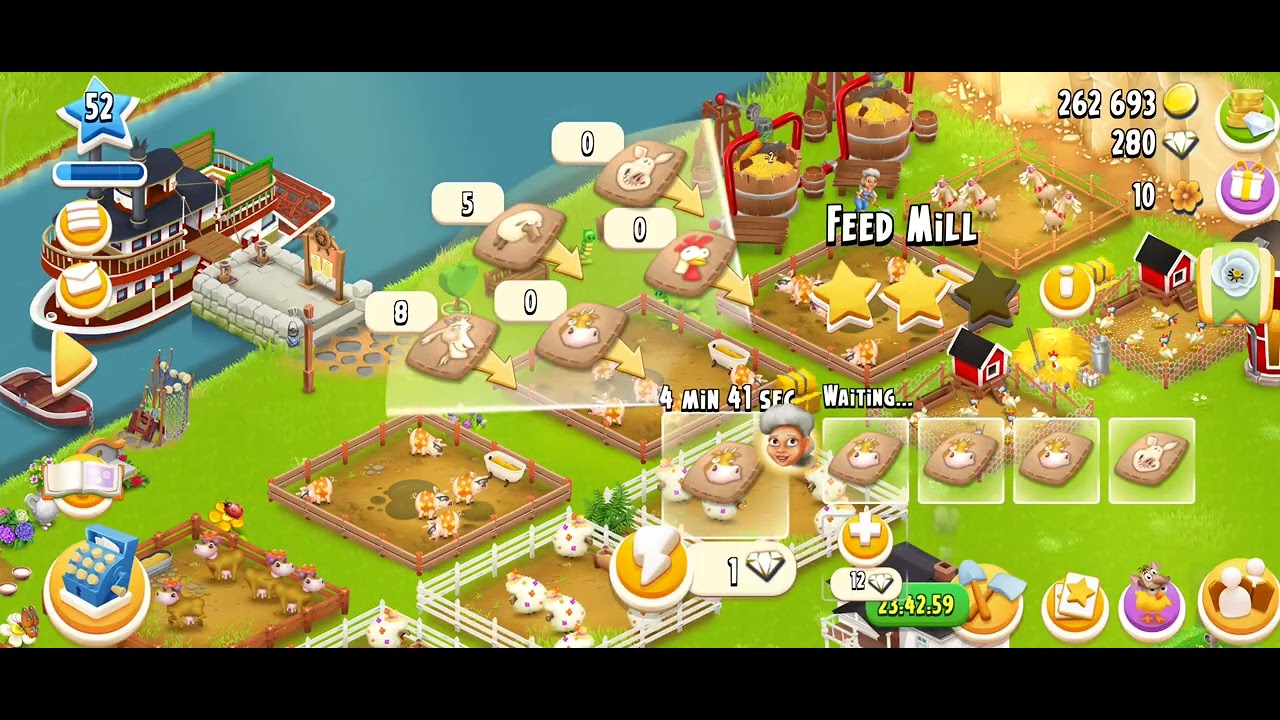 Part 2/ Hay day - Level 52/ feeding the animals , fishing , cooking and buy the candy machine ✨☀️