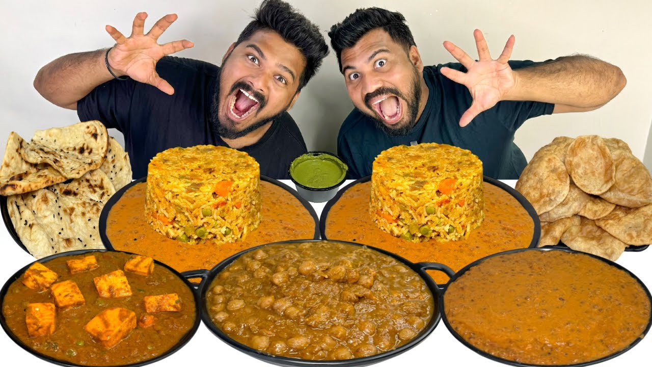 EATING POORI,CHOLE MASALA,MATAR PANEER, DAL MAKHANI,VEGETABLE PULAO |BIG BITES ASMR EATING MUKBANG😍🔥