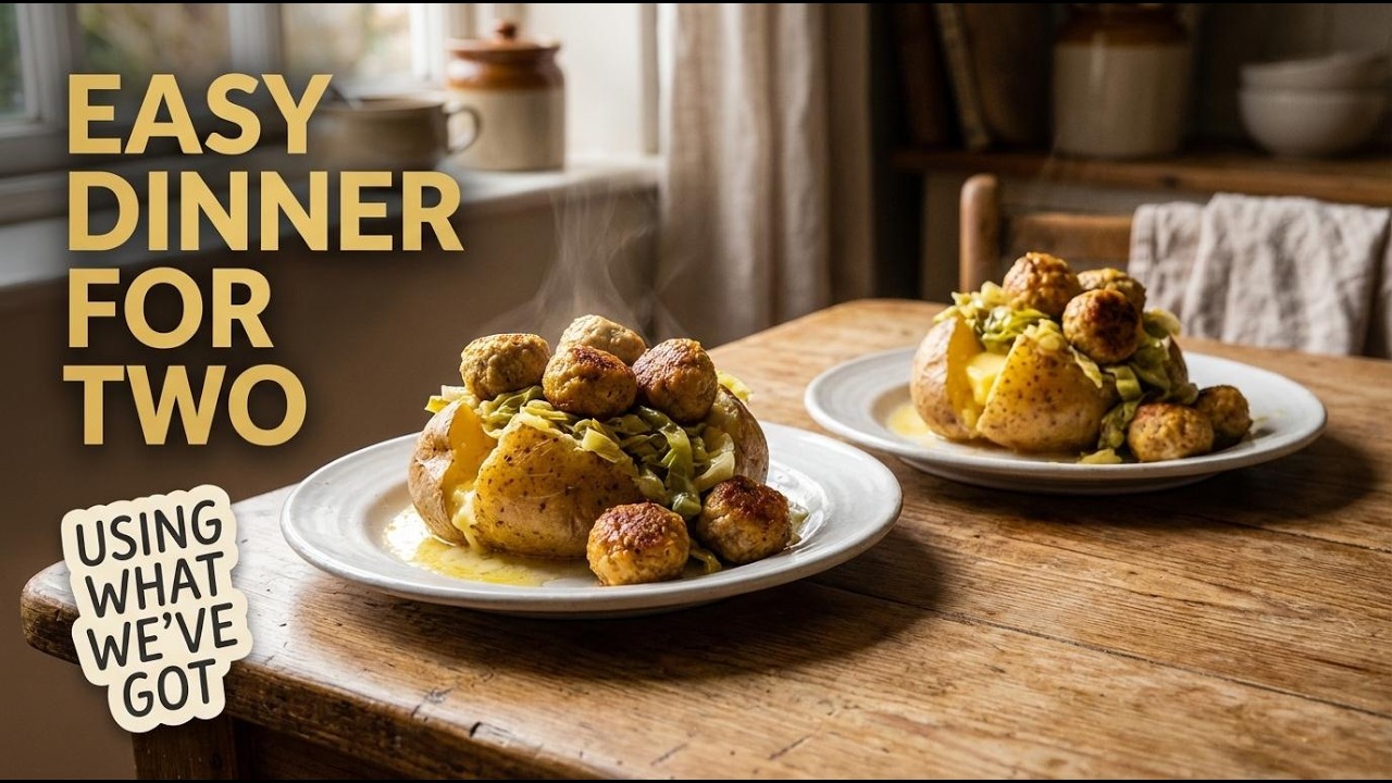 Easy Dinner for Two: Cabbage & Meatballs on Jacket Potatoes (Using What We’ve Got)