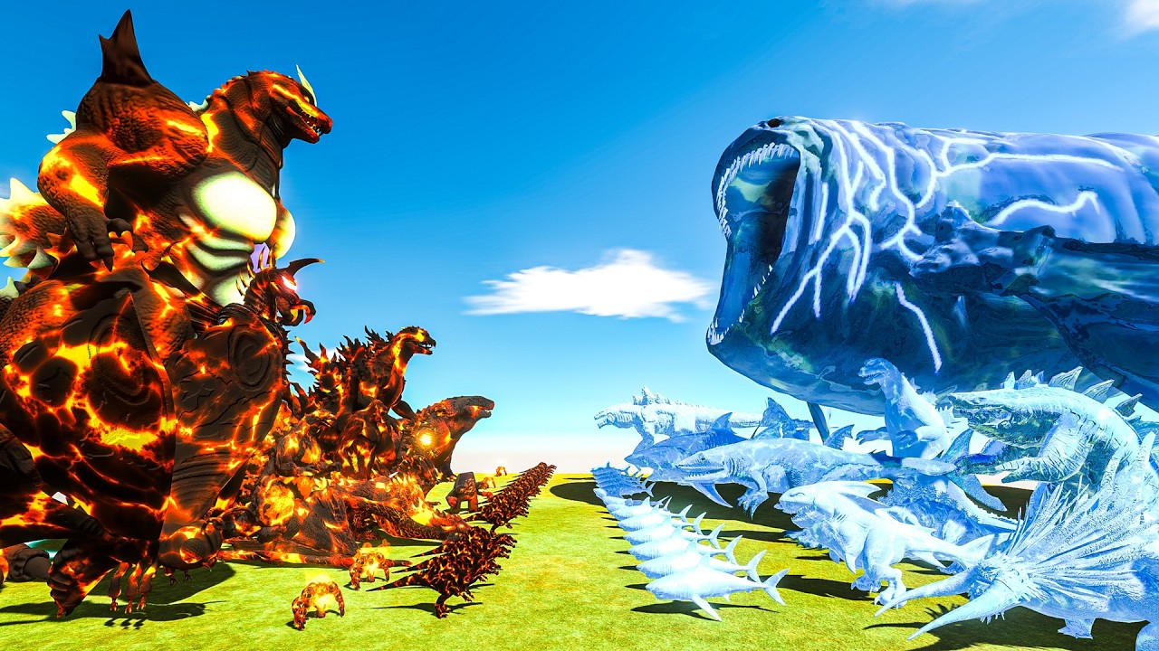 Team Fire + Lava Super Godzilla vs The Bloop + Team Water - Animal Revolt Battle Simulator